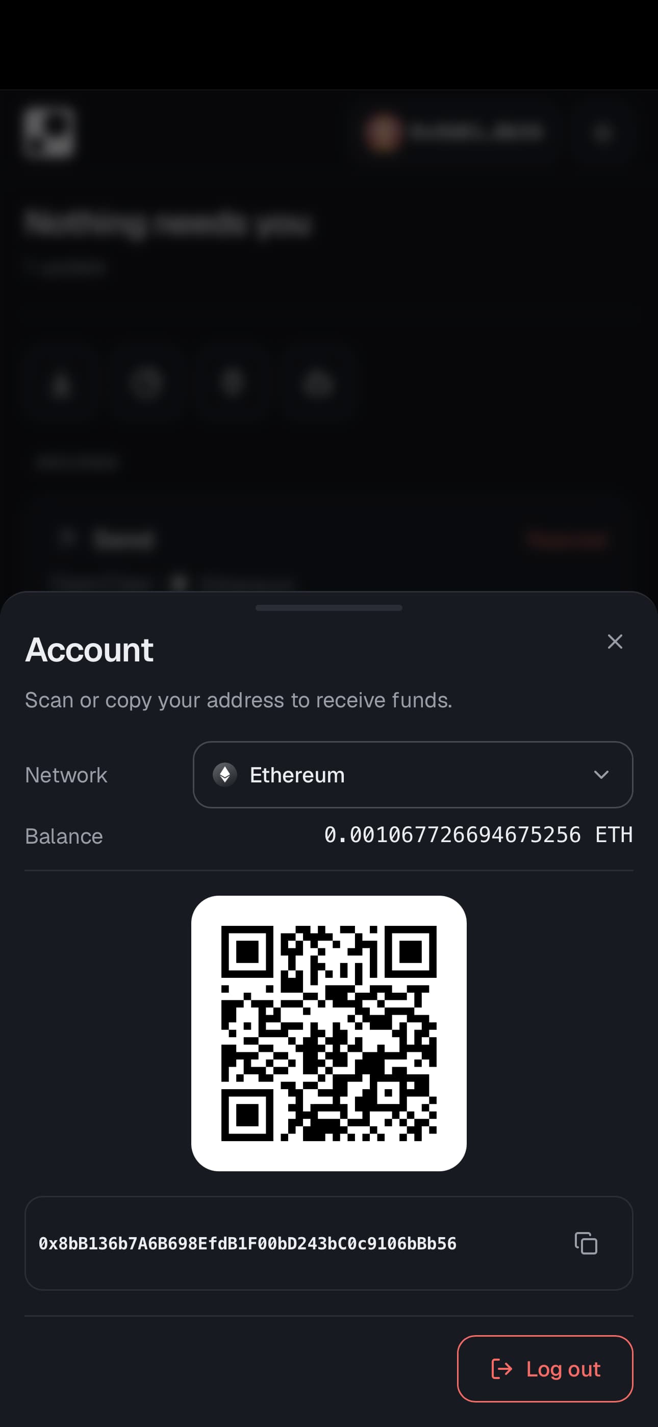 The wallet app's Account sheet, showing the network, the balance and a QR code for receiving funds.