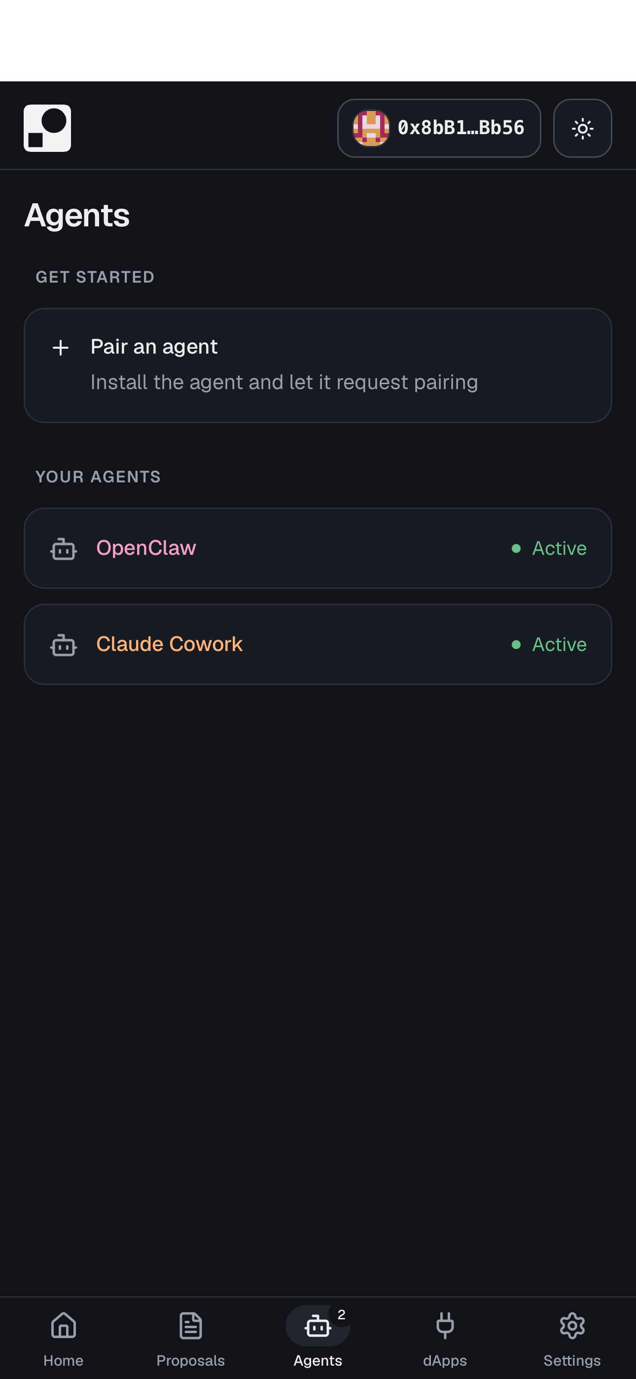 The wallet app's Agents screen, showing two paired agents, OpenClaw and Claude Cowork, both active.
