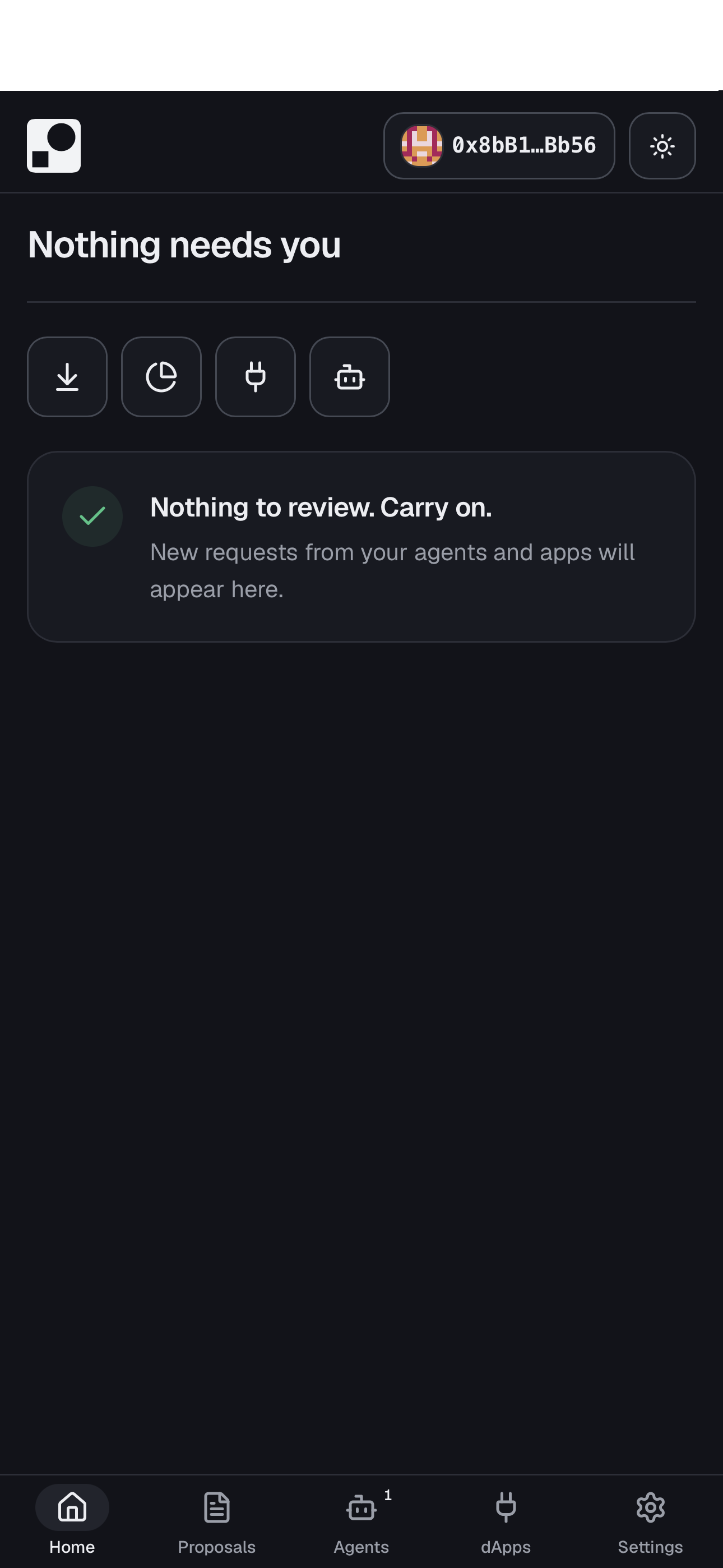 The wallet app's Home screen, reporting that nothing is waiting to be reviewed.
