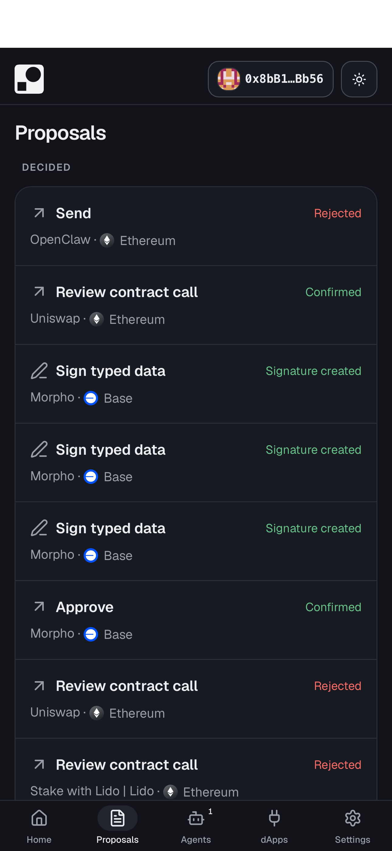 The wallet app's Proposals screen, listing decided proposals with the outcome of each and the agent that raised it.