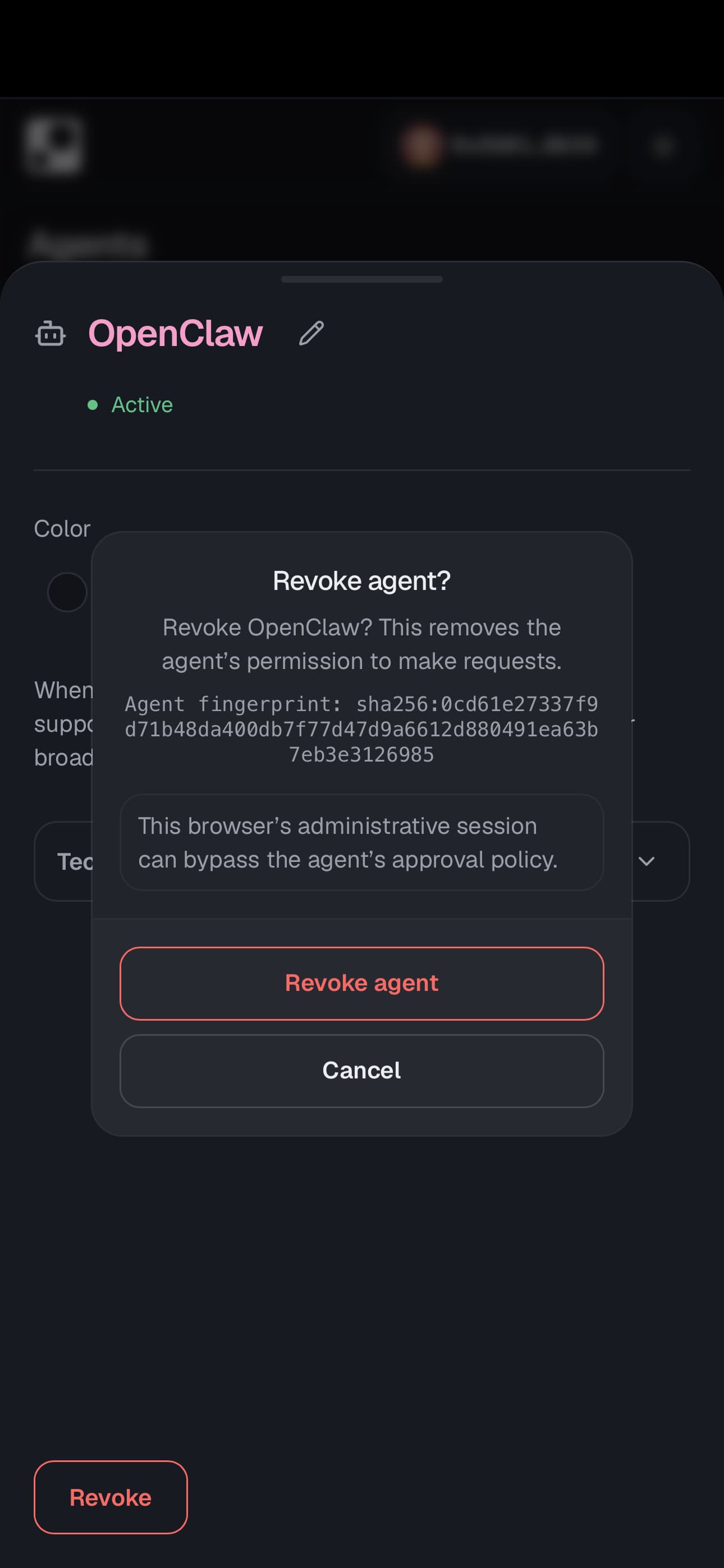 The wallet app asking to confirm revoking the OpenClaw agent, which removes its permission to make requests.