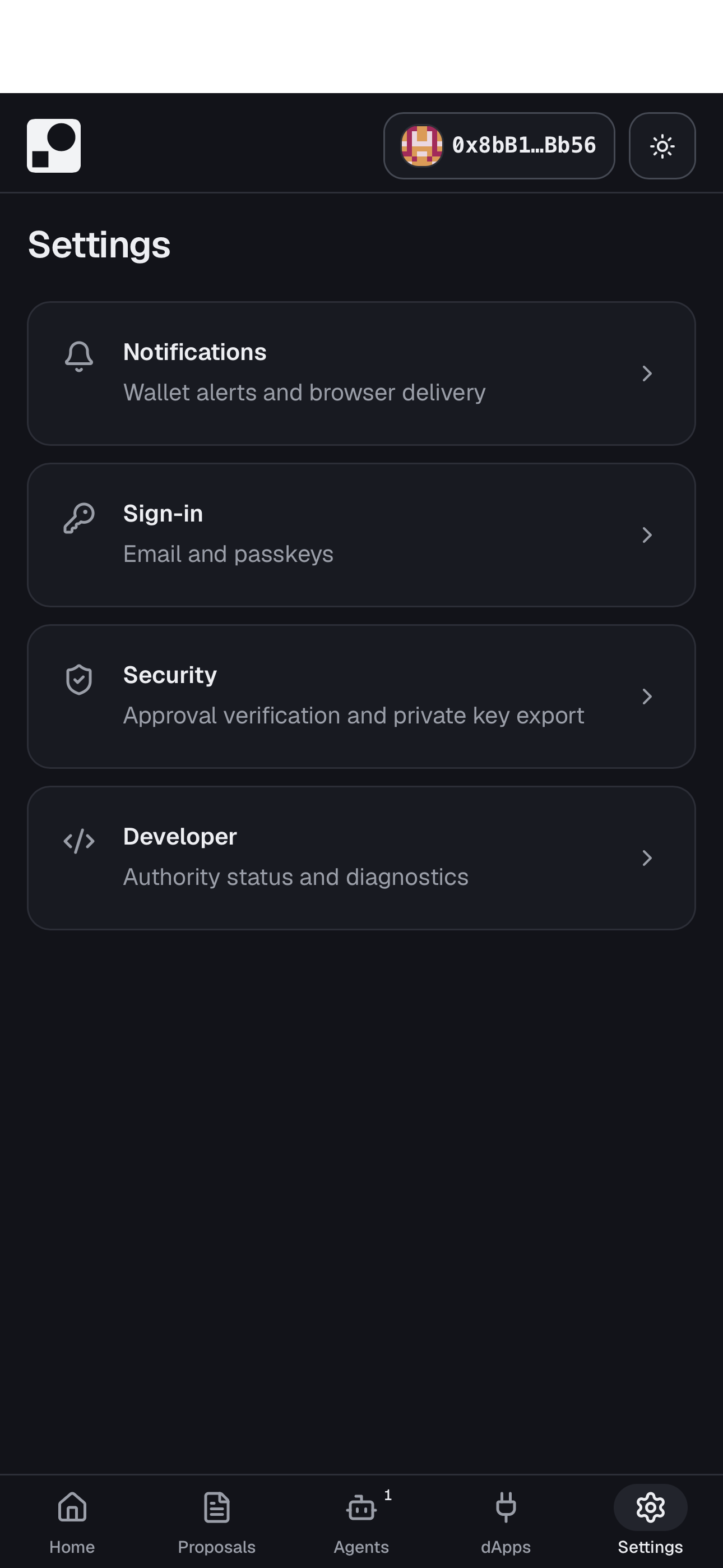 The wallet app's Settings screen, offering notifications, sign-in, security and developer sections.